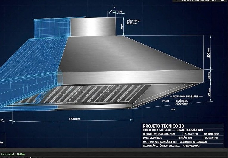 Projeto técnico 3D de coifa industrial em aço inox, com cotas e especificação de material, desenvolvido antes da fabricação